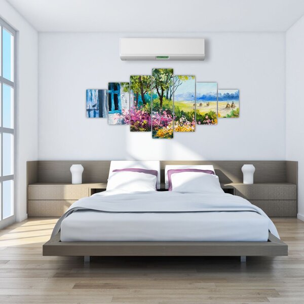 Obraz zahrádky před domem, olejomalba (210x100 cm)