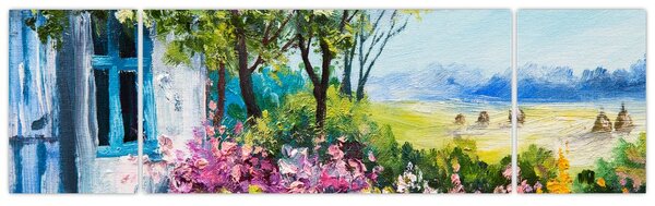 Obraz zahrádky před domem, olejomalba (170x50 cm)