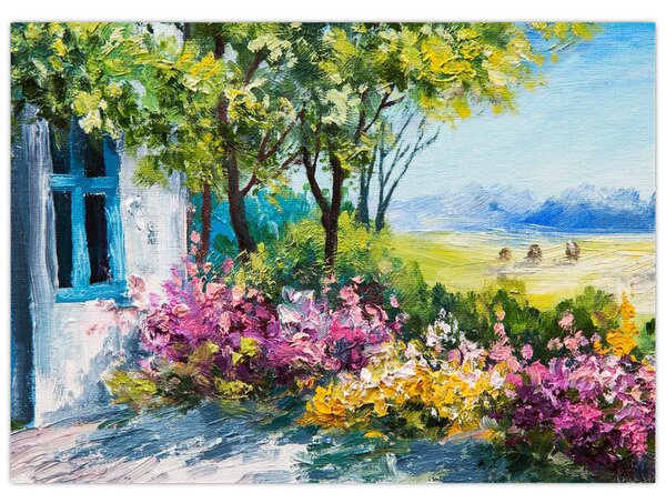 Obraz zahrádky před domem, olejomalba (70x50 cm)