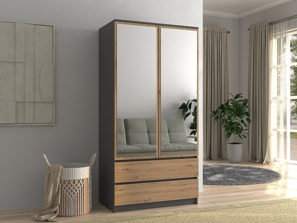 Šatní skříň SS-90 zrcadlo Antracit + dub artisan