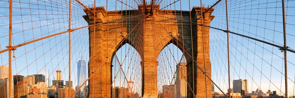 DIMEX | Fototapeta do kuchyně Brooklyn Bridge KI-180-116 | 180 x 60 cm | modrá, oranžová, hnědá