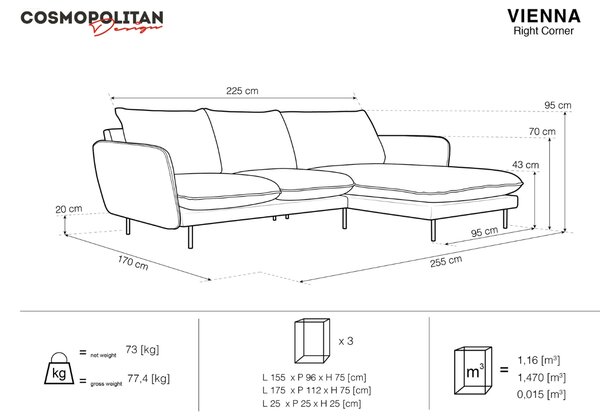 -25 % Dny MOMENTI– Cosmopolitan Design Šedá bouclé rohová pohovka Vienna 255 cm, pravá