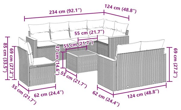 9dílná zahradní sedací souprava s poduškami černá polyratan