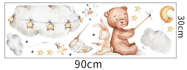 Impresi Samolepka do dětského pokoje Medvídek se zajíčkem na obláčku - 90x30cm