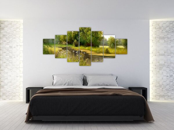 Obraz - Řeka u lesa, olejomalba (210x100 cm)