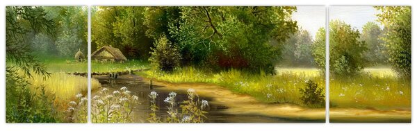Obraz - Řeka u lesa, olejomalba (170x50 cm)