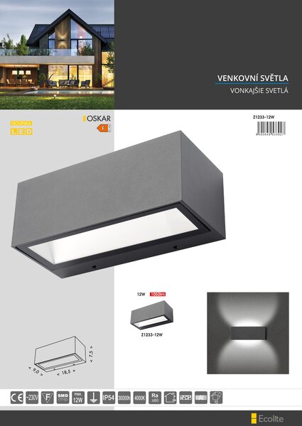Ecolite SMD venkovní svítidlo 12W, 1050lm, 4000K, IP54, antracit Z1233-12W