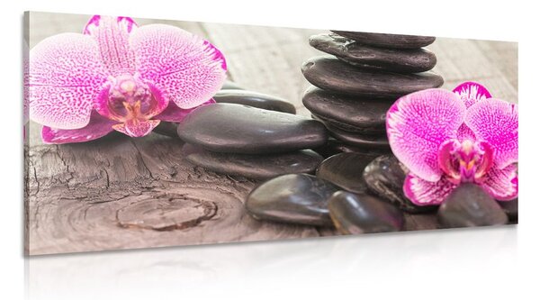 Obraz orchidej a Zen kameny na dřevěném podkladu