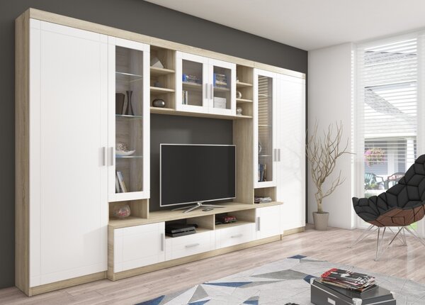 Stolarz Obývací stěna PARIS dekor dub sonoma / bílá, LED osvětlení NE
