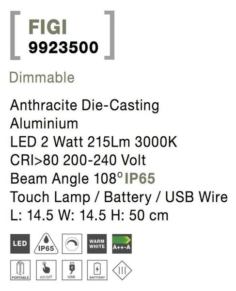 Nova Luce Venkovní přenosná LED lucerna FIGI - LED 2 W, 500x145x145 mm NV 9923500