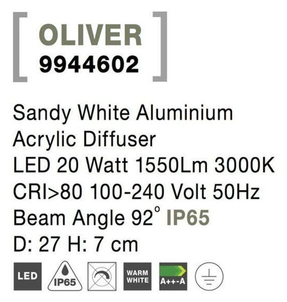 Nova Luce Venkovní stropní svítidlo OLIVER - 20 W, 1550 lm, 3000 K, bílá NV 9944602