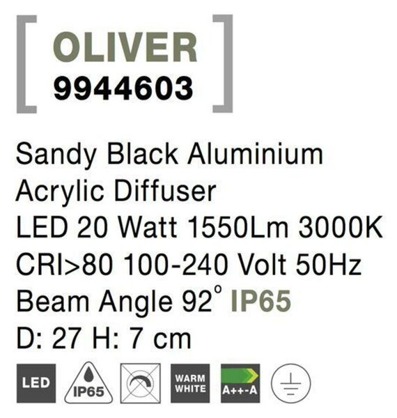 Nova Luce Venkovní stropní svítidlo OLIVER - 20 W, 1550 lm, 3000 K, černá NV 9944603