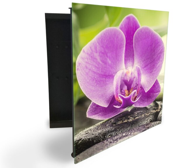 Glasdekor skříňka na klíče - velký fialový květ orchideje na kameni - Pravé / Černá