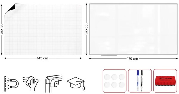 Suchostíratelná tabule 170×100 cm s hliníkovým rámem, magnetickou fólií (mřížka) a sadou příslušenství, TE1710KR