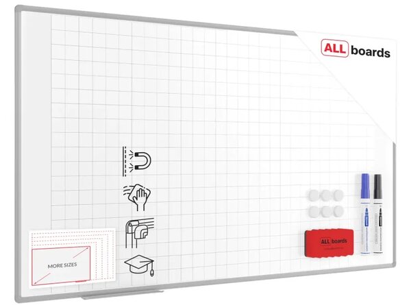 Suchostíratelná tabule 170×100 cm s hliníkovým rámem, magnetickou fólií (mřížka) a sadou příslušenství, TE1710KR
