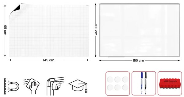 Suchostíratelná tabule 150×100 cm s hliníkovým rámem, magnetickou fólií (mřížka) a sadou příslušenství, TE1510KR