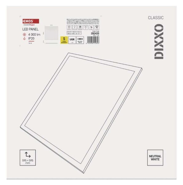 EMOS LED panel DIXXO backlit 60×60, čtvercový vestavný bílý, 36W neutr. b. UGR