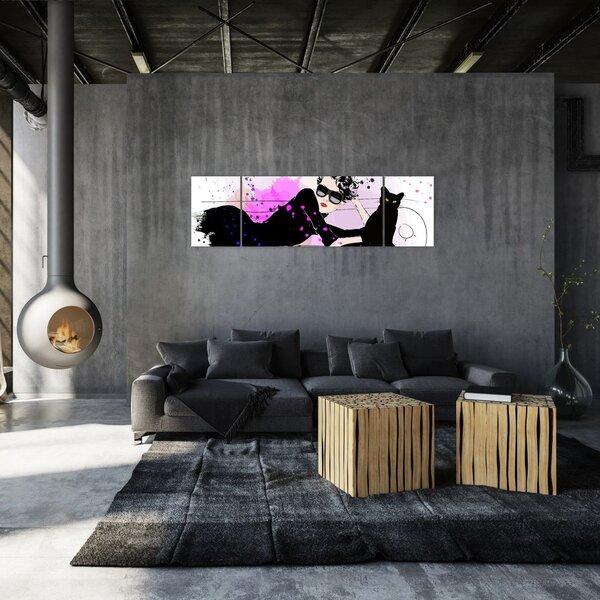 Obraz - Žena s černou kočkou (170x50 cm)