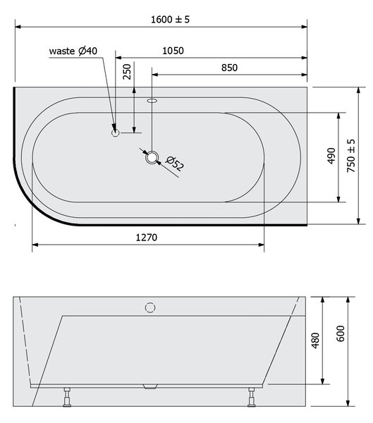 Polysan Polysan, ASTRA R MONOLITH asymetrická vana 160x75x60cm, bílá, 34611M