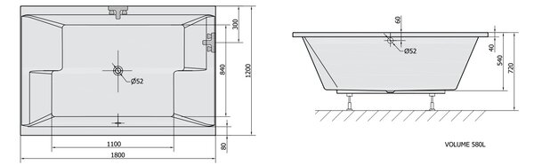 Polysan Polysan, DUPLA asymetrická vana 180x120x54cm, bílá, 13611