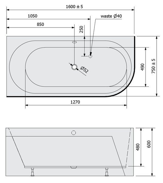 Polysan Polysan, ASTRA L MONOLITH asymetrická vana 160x75x60cm, bílá, 33611M