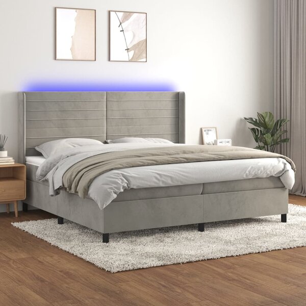 Box spring postel s matrací a LED světle šedá 200x200 cm samet 3139643