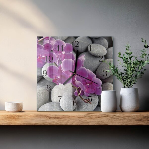 Skleněné hodiny na stěnu Orchidejové kameny zskc-30x30-00178945