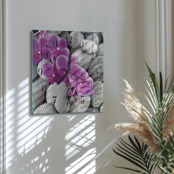 Skleněné hodiny na stěnu Orchidejové kameny zskc-30x30-00178945