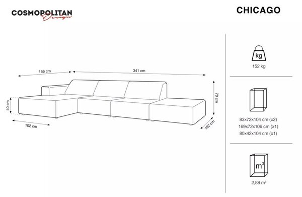 -25 % Dny MOMENTI– Cosmopolitan Design Sametová rohová pohovka Chicago 341 cm, levá