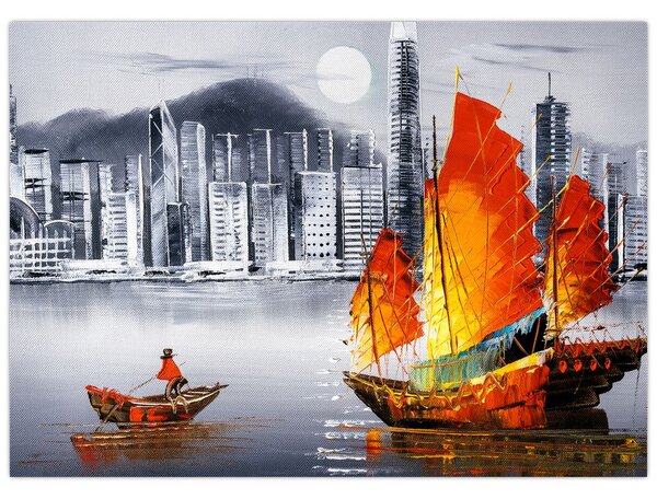 Obraz - Victoria Harbor, Hong Kong, černobílá olejomalba (70x50 cm)