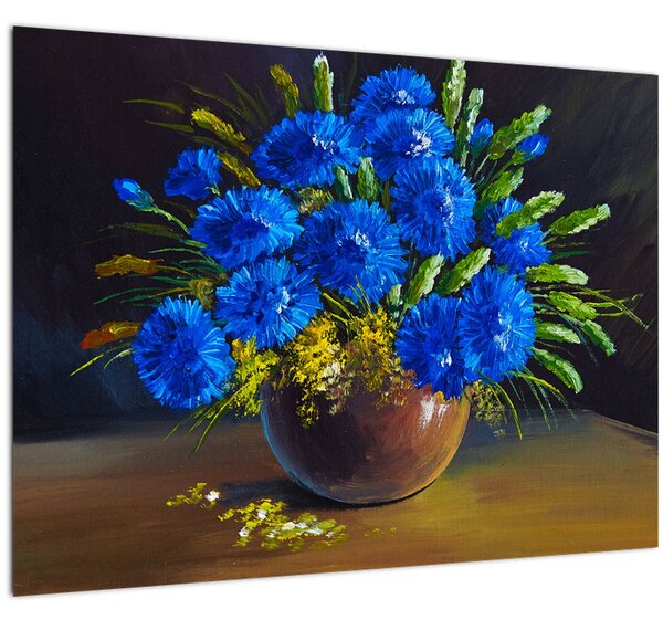 Skleněný obraz modrých květů ve váze (70x50 cm)