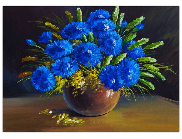 Obraz modrých květů ve váze (70x50 cm)