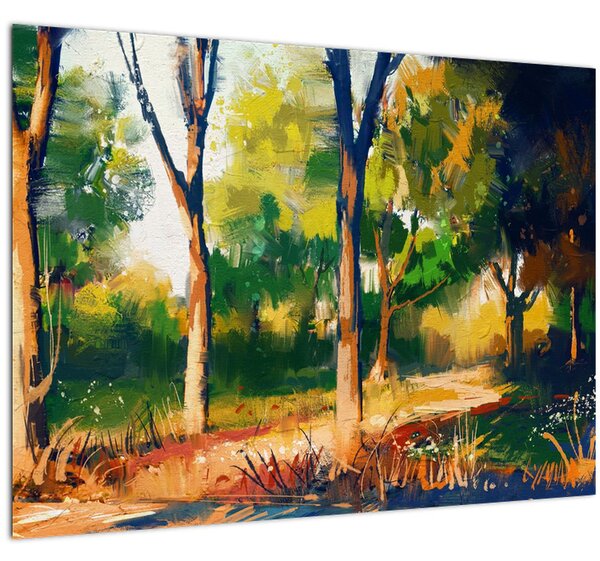 Obraz lesa v letním slunci, malba (70x50 cm)
