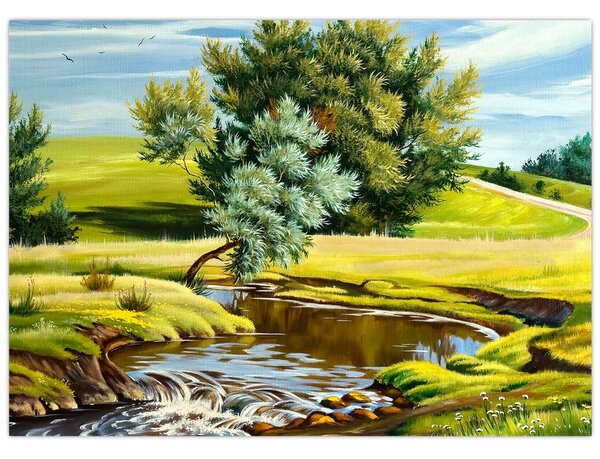 Obraz - Řeka mezi loukami, olejomalba (70x50 cm)