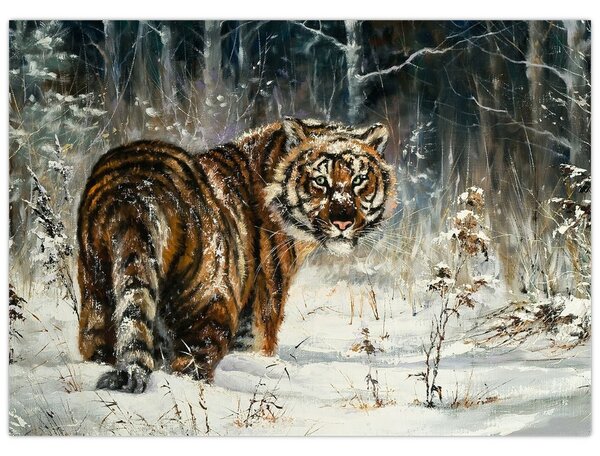 Obraz - Tygr v zasněženém lese, olejomalba (70x50 cm)