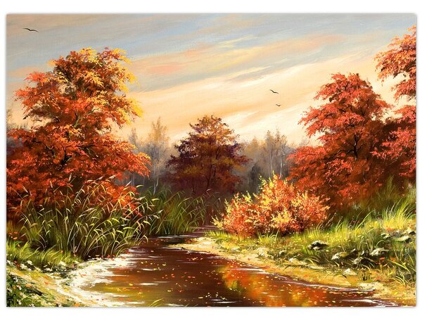 Obraz řeky v podzimní krajině, olejomalba (70x50 cm)