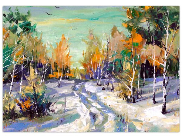 Obraz - Zasněžená cesta lesem, olejomalba (70x50 cm)