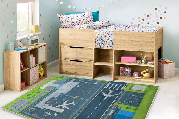Makro Abra Dětský kusový koberec vhodný k praní BAMBINO 46990 Letiště Letadla zelený šedý Rozměr: 120x170 cm