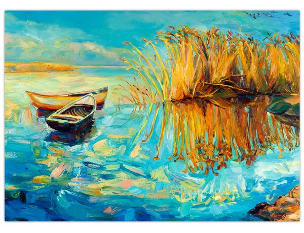 Obraz - Jezero s loďkami (70x50 cm)