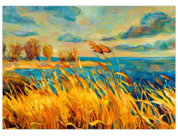Obraz - Západající slunce nad jezerem, akrylová malba (70x50 cm)