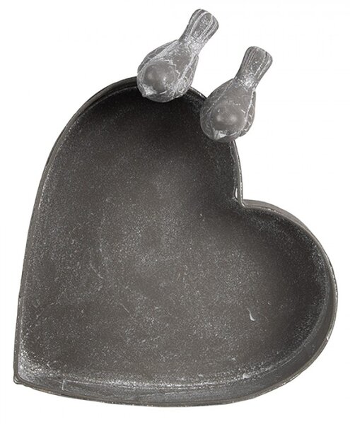 Šedý kovový obal na květináč ve tvaru srdíčka s ptáčky Tessa – 19x17x7 cm