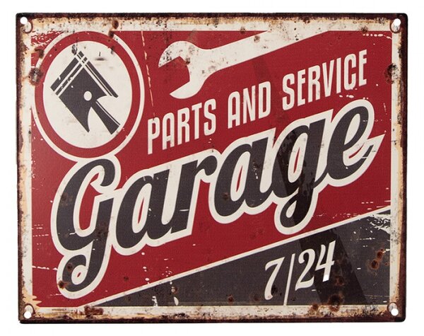 Červená nástěnná kovová cedule Parts and service garage – 25x20 cm