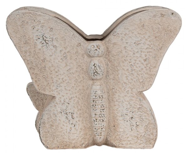 Béžový cementový obal na květináč ve tvaru motýla s motýlkem – 24x10x19 cm