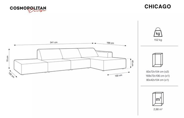 -25 % Dny MOMENTI– Cosmopolitan Design Sametová rohová pohovka Chicago 341 cm, pravá