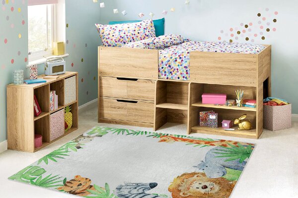 Makro Abra Dětský kusový koberec vhodný k praní BAMBINO 54090 Hroch Lev Žirafa Opička bílý zelený Rozměr: 80x150 cm