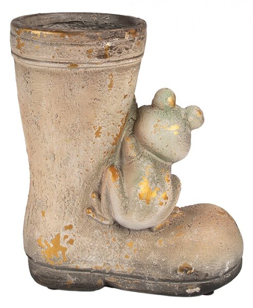 Hnědý keramický obal na květináč ve tvaru holinky s žabičkou – 30 cm