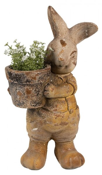 Hnědý keramický obal na květináč ve tvaru zajíčka držící květináček – 41 cm
