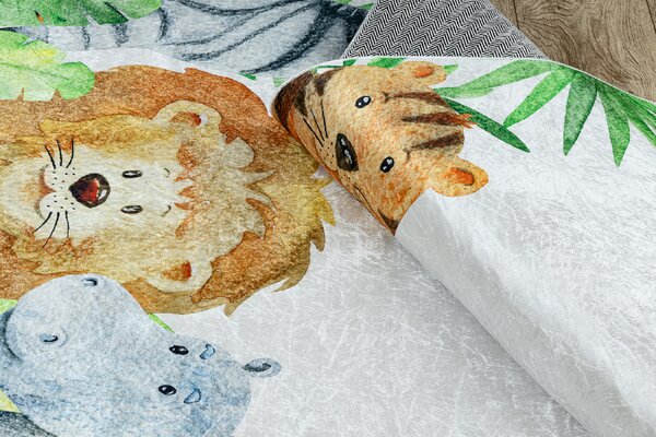 Makro Abra Dětský kusový koberec vhodný k praní BAMBINO 54090 Hroch Lev Žirafa Opička bílý zelený Rozměr: 80x150 cm