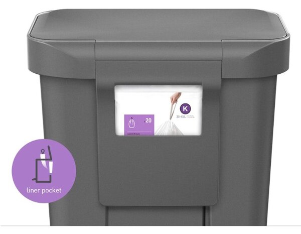 Obdélníkový pedálový koš 45 l, šedý plast/nerez, šedá