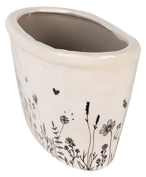Béžový keramický obal na květináč s kresbou rostlinek Flora a Fauna – 27x13x14 cm